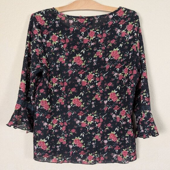 VTG Y2K Notations Women's Dark Floral Blouse M Fairy Whimsygoth 3/4 Bell Sleeve - Picture 3 of 8